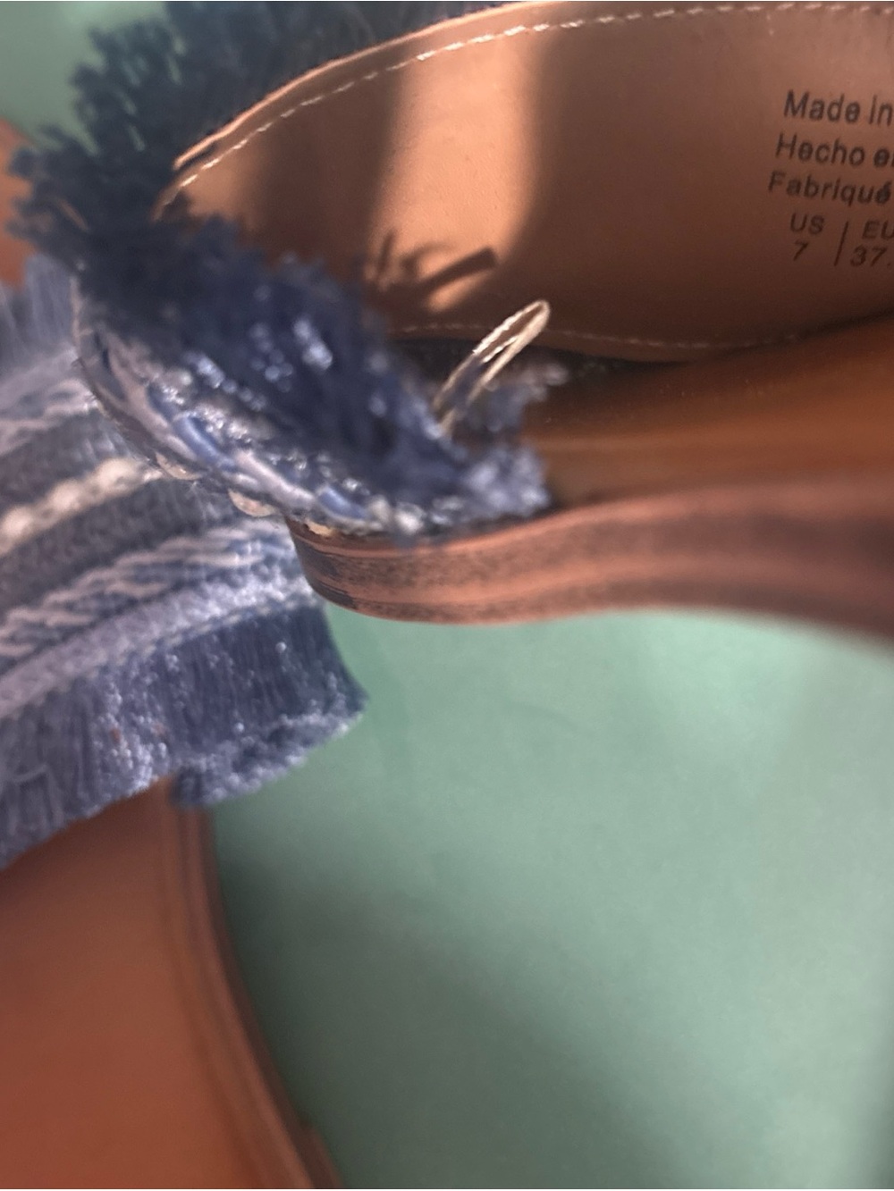 ALDO Blue Fringe Pearl-Trim Slide Sandals - Picture 3 of 7